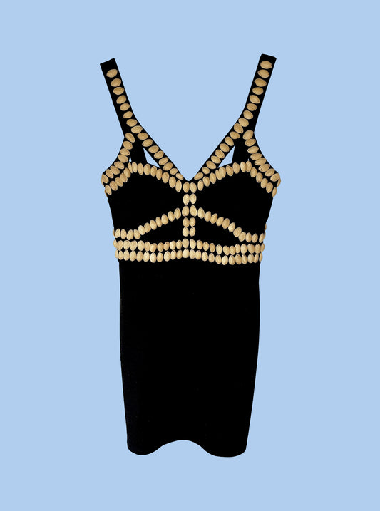 Black dress with embroidered pistachio shells on a blue background